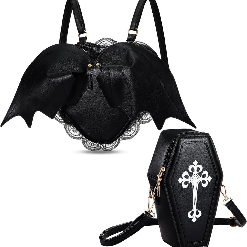 2 Pcs Gothic Purse Bat Wings PU Leather Crossbody Coffin Shape Wallet Handbags N